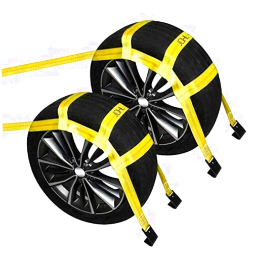 JCHL Tow Dolly Basket Straps with Flat Hooks (2 Pack) Yellow Car Wheel Straps Universal Vehicle Tow Dolly Straps System Fits 15