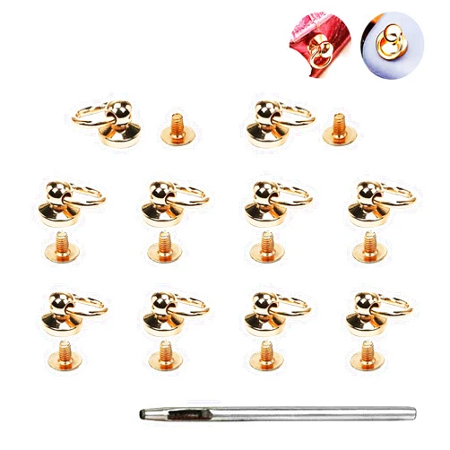 Uayeatye Leather Rivets 10 pcs Brass Ball Studs Screw Rivets for Leather, 360 Degree Rotatable Metal D Ring for Purse Handbag Purse Backpack Phone Case Belt Dog Collar DIY Leather Craft Accessories-Gold
