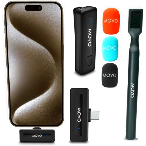 Movo Wireless Mini UC Ultra Compact Wireless Lavalier Microphone for iPhone 15/16 and up with WMX-HM Handheld Adapter - Lapel Mic with Handle Mount for Content Creators, Interviews, Reporting