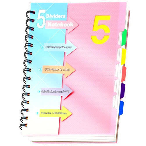 CAGIE 5 Subject Notebook College Ruled Spiral Notebook 5x7 with Divider Tabs, 220 Pages Lined Spiral Notebook for Women, Small Notebook for Work, A5 Spiral Notebook for Note Taking, School,Pink