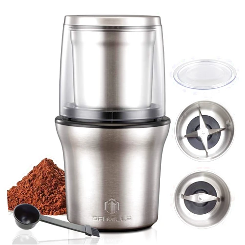 DR MILLS DM-7412M Stainless Steel Electric Dried Spice and Coffee Grinder,2 in 1 Wet and Dry, Removable Cups, Dishwasher Safe