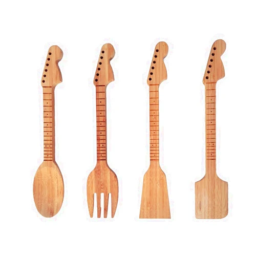 Rise8 Studios Bamboo Guitar Neck Shaped Kitchen Cooking Utensil Set - Guitar Shaped Musician Gifts - Set of 4: Spoon, Spatulas and Salad Fork