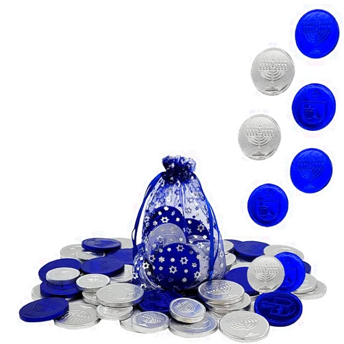 The Dreidel Company Milk Chocolate Coins in Hanukkah Gift Bag, Gelt, Made with Nut-Free Premium Belgian Chocolate, 15 Coins in each Bag, Blue & Silver Nut-free, Single-Bag