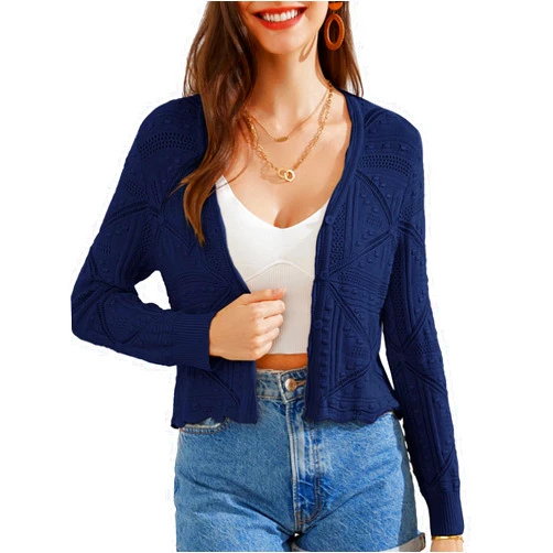 GRACE KARIN Women Crochet Cropped Cardigan Casual Elegant Lightweight Button Sweater Long Sleeve Hollowed-Out Shrug Tops