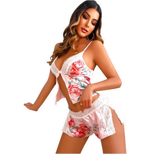 RoseSeek Women's Satin Pajama Set Floral Lace Trim Split Thigh Pjs Sets Babydoll Lingerie Sets for Women