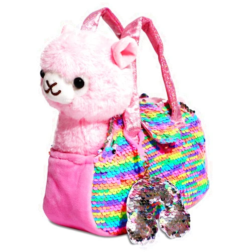 Little Jupiter Pet Plush Set with Purse w/Reversible Sequins & Charm - Stuffed Animal Toy for Kids Ages 4-7 - Stuffed Animal Purse - Stuffed Animals for Girls - (Pink Llama)