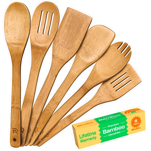 Riveira Dark Bamboo Wooden Spoons for Cooking 6-Piece, Apartment Essentials Wood Spatula Spoon Nonstick Kitchen Utensil Set Premium Quality Housewarming Gifts for Everyday Use