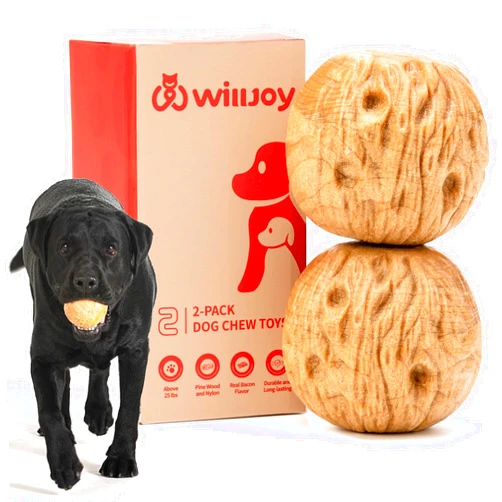 Willjoy 2-Pack Dog Chew Toys for Aggressive Chewers Large Breed Pine Wood and Nylon Dog Toys for Large Dogs Real Bacon Indestructible Dog Toys to Keep Them Busy