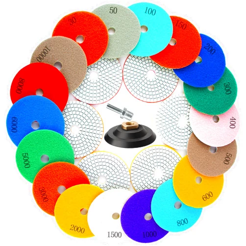 AMZKONIG 20 Pack 4 Inch Diamond Polishing Pads with 5/8’’-11 Backer Pad, 18PCS Wet/Dry Polish Pad Kit for Drill Grinder Polisher, 30-10000 Grit Polishing Pad for Granite Marble Concrete Stone Quartz