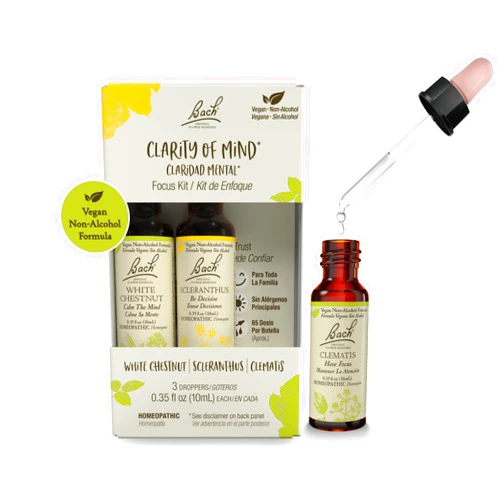 Bach Original Flower Remedies, Clarity Of Mind Kit, For Focus & Mindfulness (Non-Alcohol Formula), Natural Homeopathic Flower Essence, Vegan, 3 x 10mL Droppers