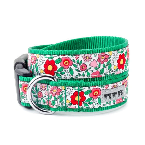THE WORTHY DOG Adjustable Dog Collar for Large Dogs, Durable Nylon Webbing, Quick Release Buckle, Spring Garden Floral Pattern, Coral, Large