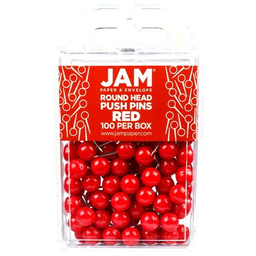 JAM PAPER Colorful Push Pins - Round Head Map Thumb Tacks - Red Pushpins - 100/Pack