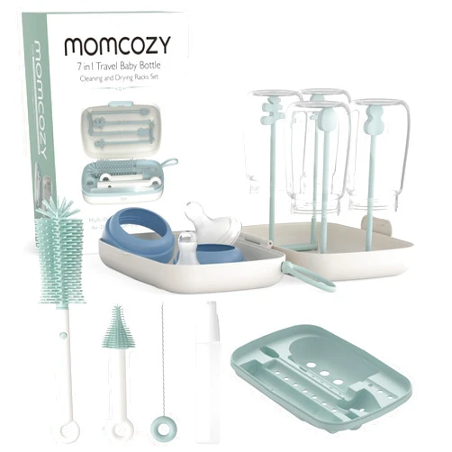Momcozy Bottle Brush Set - Baby Bottle Cleaner Kit with Silicone Brush, Nipple Brush, Straw Brush, Soap Dispenser, Drying Rack - 7 in 1 Bottle Cleaning Tool for Home and Travel, Green