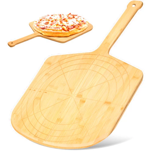 Loftern Wooden Pizza Peel 16 Inch Board with Engraved Sizes - Multi-Purpose Bamboo Pizza Cutting Board, Wood Pizza Peel, Pizza Spatula Paddle, and Serving Board with Size and Cutting Guide