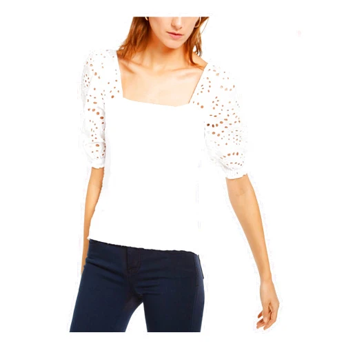 I.N.C. International Concepts INC Womens White Eyelet Ruffled Smocked Short Sleeve Square Neck Top Size: XL