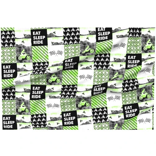Spoonflower Fabric - Green Motorcycle Patchwork Cheater Quilt Motocross Dirt Bike Eat Sleep Printed on Petal Signature Cotton Fabric by The Yard - Sewing Quilting Apparel Crafts Decor
