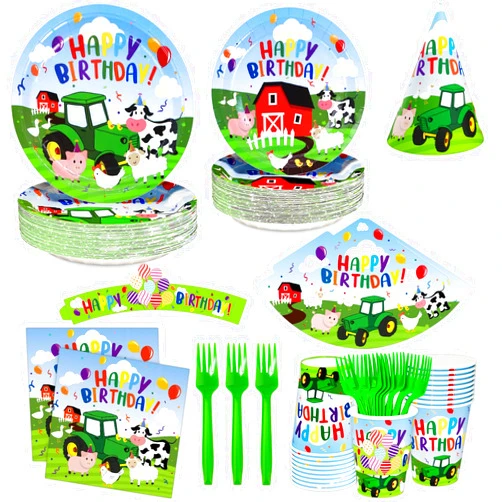 DYLIVeS Farm Animals Birthday Party Decorations, Barnyard Animals Baby Shower Party Supplies Disposable Farm House Theme Paper Plates Napkins Cups, Cup Sleeves, Birthday Hats Forks Tableware, Serve 24