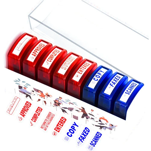 Bertiveny 8 PCS Self-Inking Rubber Stamp Set for Office Stamps Business Stamp Message Account Stamp Paper Work Text Ink Stampers Approved Paid Completed Copy Faxed Scanned Stamps with Plastic Tray
