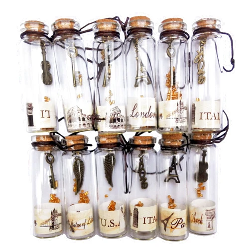 Salome Idea 12PCS Creative Vintage Wishing Bottle with Cork and Interior Steampunk Pendant