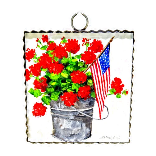 The Round Top Collection – Mini Bucket of Geraniums Print, 6” x 1” x 6”, Metal & Wood, Patriotic and Elegant Decorative Hanging Ornament