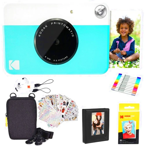 Kodak Printomatic Instant Camera (Blue) Gift Bundle + Zink Paper (20 Sheets) + Case + 7 Sticker Sets + Markers + Photo Album. , 2x3