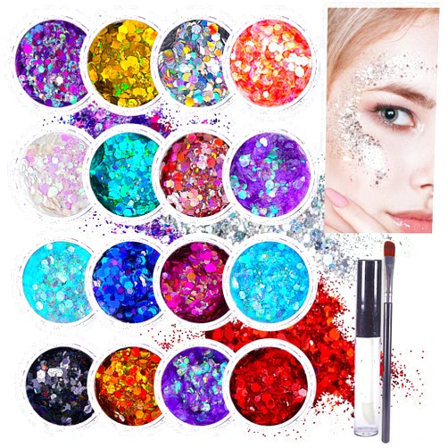 SoJourner Bags Chunky Holographic Body Glitter I 16 Colors + Glitter Glue for Face Glitter Makeup, Hair, Eye & Fine Glitter Eyeshadow - Perfect for Halloween, Slime, Resin, Tumblers, Craft, Cosmetic & Nail Art