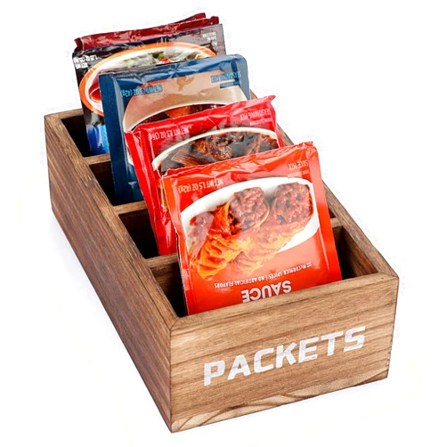 BSTKEY Seasoning Packet Organizer, Food Packet Storage Organizer with 4 Compartments, Wooden Storage Caddy for Kitchen Pantry Cabinet, Farmhouse Kitchen Organization Bins for Snacks Spice Packets
