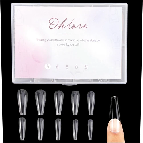 Ohlove 500Pcs Coffin Nail Tips Ballerina Full Cover Clear Nails for Acrylic False Nail Tips, 10 Sizes