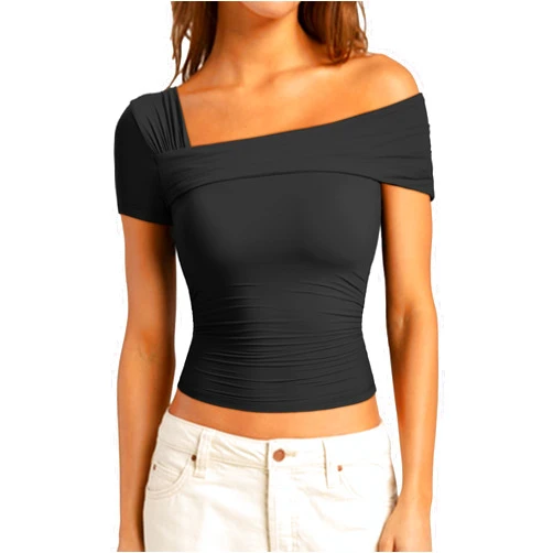 SUUKSESS Women One Off The Shoulder Summer Tank Tops Ruched Short Long Sleeve Shirts