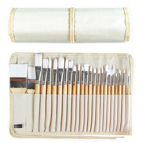 KEVIN&SASA CRAFTS Paint Brushes Set of 24 Pieces Wooden Handles Brushes with Canvas Brush Case, Professional for Oil, Acrylic and Watercolor Painting