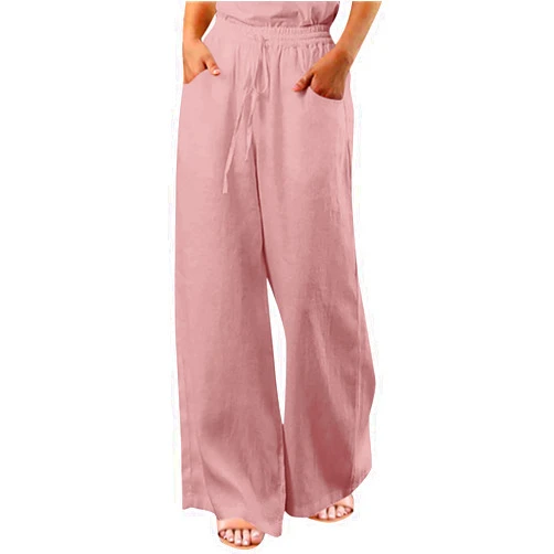 HRAPDA Wide Leg Pants for Women High Waist Elastic Drawstring Belt Pockets Straight Leg Trousers Solid Cotton Linen Pants