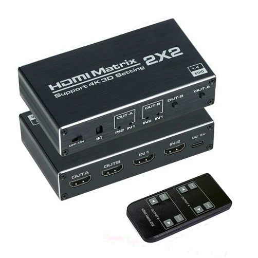 Anber-Tech HDMI Matrix 2x2, HDMI Matrix Switch 2 in 2 Out Switcher Splitter Box with IR Remote Control, Support Ultra 4K@60Hz YUV 4:2:0, 4K@30Hz, 3D, 1080P，HDMI 1.4, HDCP 1.4