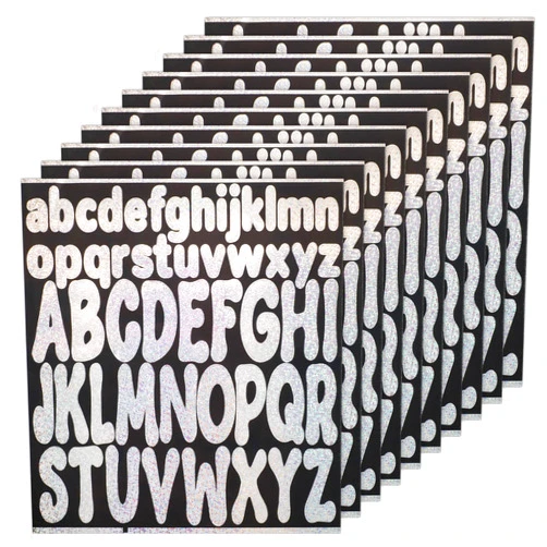 PEUTIER 520pcs Letter Stickers, 10 Sheets 1inch Lowercase and 2inch Uppercase Self Adhesive Alphabet Decals Waterproof Vinyl Stick on Letter Labels for Scrapbooking Mailbox Poster Crafts (Silver Glitter)