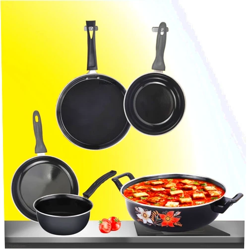 FLIXBLOOM cookware Collection Set of 5 pcs (Induction Base) Black Include Kadhai, Tawa, Fry Pan, Saucepan, Milk Pan, Enamel Cast Iron