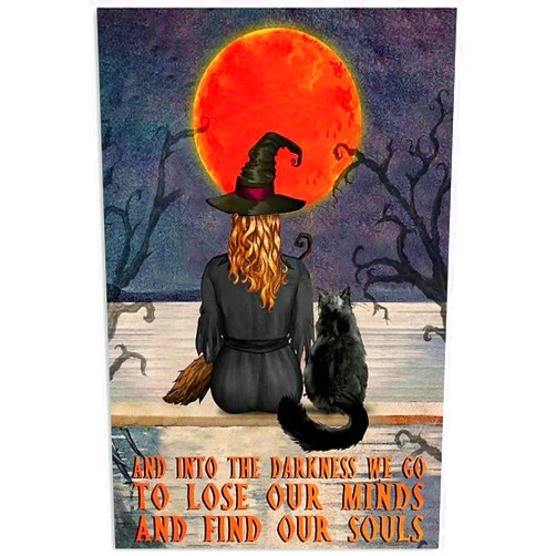 Laroom Vintage Halloween And Into The Darkness Cat Witch Metal Tin Poster Indoor Outdoor Home Bar Coffee Kitchen Wall Decor Halloween Painting Metal Plate 8x12 Inch, Navy
