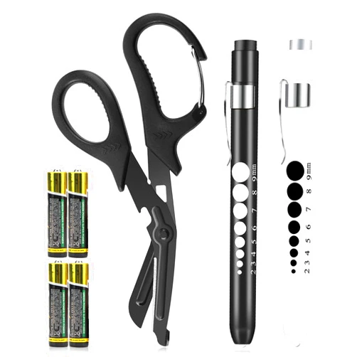Opoway 3 Pack Penlight and Medical Scissors for Nurses, Two LED Pen Light with Pupil Gauge and One 7.5 Inches Trauma Shears with Carabiner for Nurse Doctor EMT First Aid （Including Four Batteries