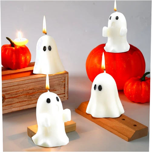 Minatee 4 Pieces Large Halloween Ghost Candles Ghost Decor Burning Candles White Scented Wax Candles Spooky Candles Gifts for Boo Basket Stuffers Halloween Room Table Indoor Decorations, 2 Style