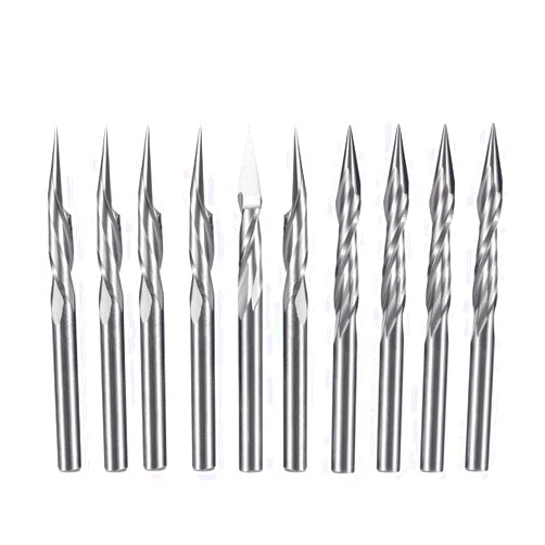 HUHAO Spiral Engraving CNC Router Bit Milling Cutter Tools Up Cut Pyramid 2 Flute 30 Degree 0.4mm Tip Diameter 1/8 Shank Pack of 10