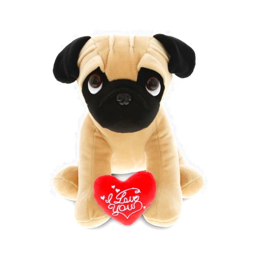 DolliBu I Love You Valentine Plush Big Eye Pug Dog - Cute Stuffed Animal Gift for Valentines Day, Birthday, Anniversary, Romantic Date - 8 Inches