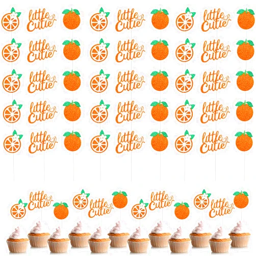 Zonon 48 Pieces Little Cutie Glitter Cupcake Toppers Cutie Baby Shower Decorations Tangerine Citrus Cutie Cake Topper for Hey Cutie Birthday Party Tangerine Theme Baby Shower Fruit Party Cake Decor