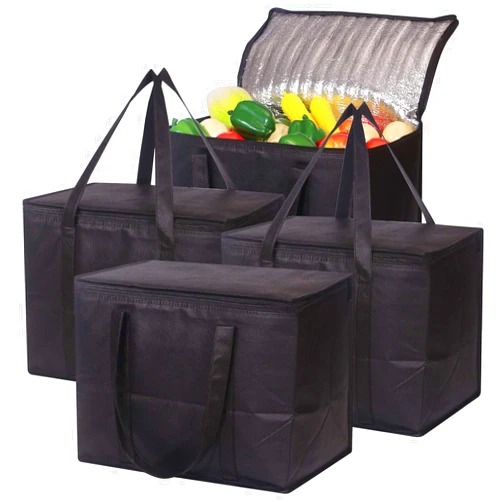 DIOMMELL Set of 4 Large Insulated Reusable Grocery Bags with Sturdy Zipper and Handles, Foldable Washable Heavy Duty Cooler Totes for Hot or Cold Food Delivery, Groceries, Travel, Shopping
