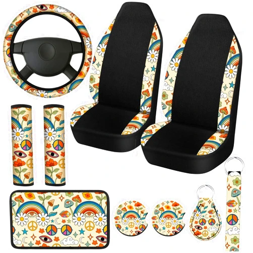 Riakrum 10 Pcs Boho Daisy Car Seat Covers Full Set for Women Mushroom Steering Wheel Cover Seat Belt Cover Armrest Pad Cup Mat Keychain Wrist Strap for Auto SUV Accessories