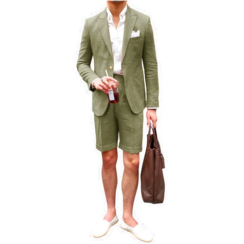 Cdkoke Men's Linen Two Pieces Suit for Daily Leisure Holiday Peak Lapel Jacket and Shorts