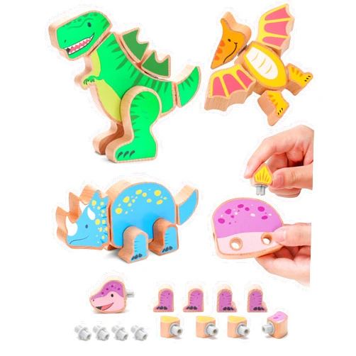 SainSmart Jr. Wooden Snap Together Building Toy, 4 Pcs Dinosaur Take Apart Toys, Montessori Toys for Toddler Developmental Learning - Ideal Gift for Boys and Girls