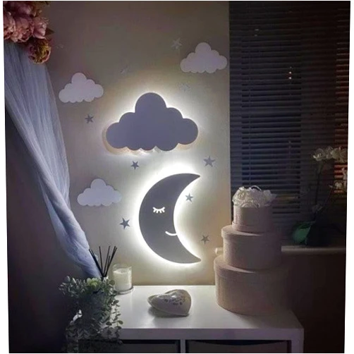 Generic Cloud Nursery Wall Lights Cloud and Moon Night Light Customized Wooden Cloud and Moon Wall Light for Kids Nursery Night Light