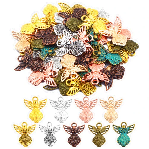 JMKTOOL 45pcs Angel Wing Charms Tibetan Alloy Fairy Wings Shape Pendant Guardian Angel Dangle Charms Craft Supplies for DIY Necklace Bracelet Earrings Jewelry Making, 9 Colors