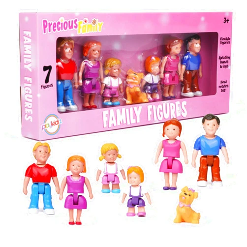 Playkidz Family Figures - Set of 7 Small Toy People for Dollhouse Play, includes Parents, Sibling, and Pet - Doll House Accessories for Children