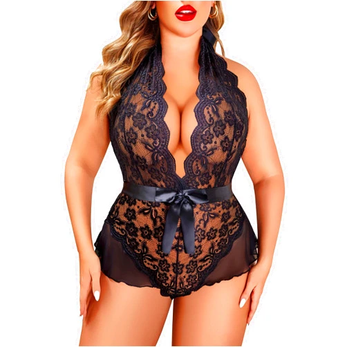 Avidlove Plus Size Lingerie for Women Deep V Neck Teddy Lingerie Halter Lace Bodysuit Nightgown