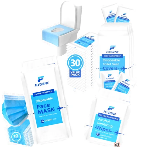FLYGIENE Travel Hygiene Bundle - Travel Size Individually Wrapped Essential - Convenient Clean Kit (10 Alcohol Wipes + 10 Waterproof Disposable Toilet Seat Covers + 10 Navy Blue Protective Face Masks)