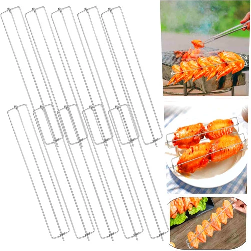 Pacifisi Chicken Wing BBQ Fork - 10 Packs Chicken Wing Rails for Grill Stainless Steels Clamping Wing Rails Flat Grilling Tool Set for Outdoor Barbecue Picnic (10 Packs)